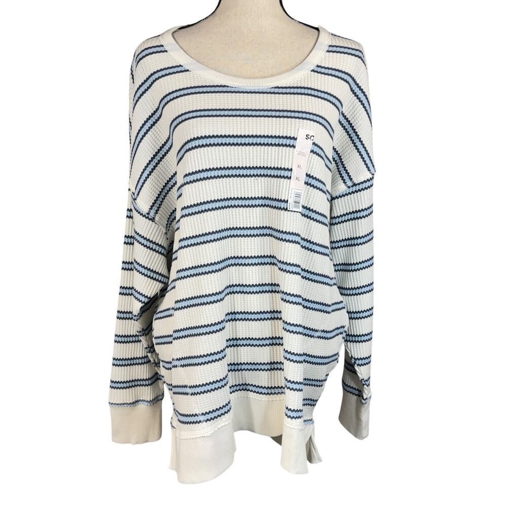 SO JRS X-Large Oversized Waffle Top Striped Scoop Neck Long Sleeves Stretch New